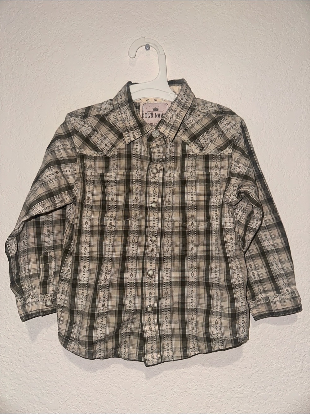 Y2K Old Navy Boys Olive and White Western Cowboy Plaid Button-Down Shirt 3T